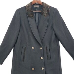 Vintage Wool Coat‎ Paisley Collar Women's Black Long Jacket Classic Tailored